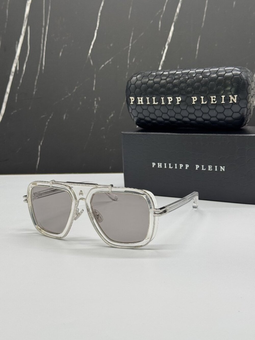 NEW PHILIPP PLEIN SPP109V 79F CLEAR SILVER PILOT FRAMES SUNGLASSES PHILIPP PLEIN